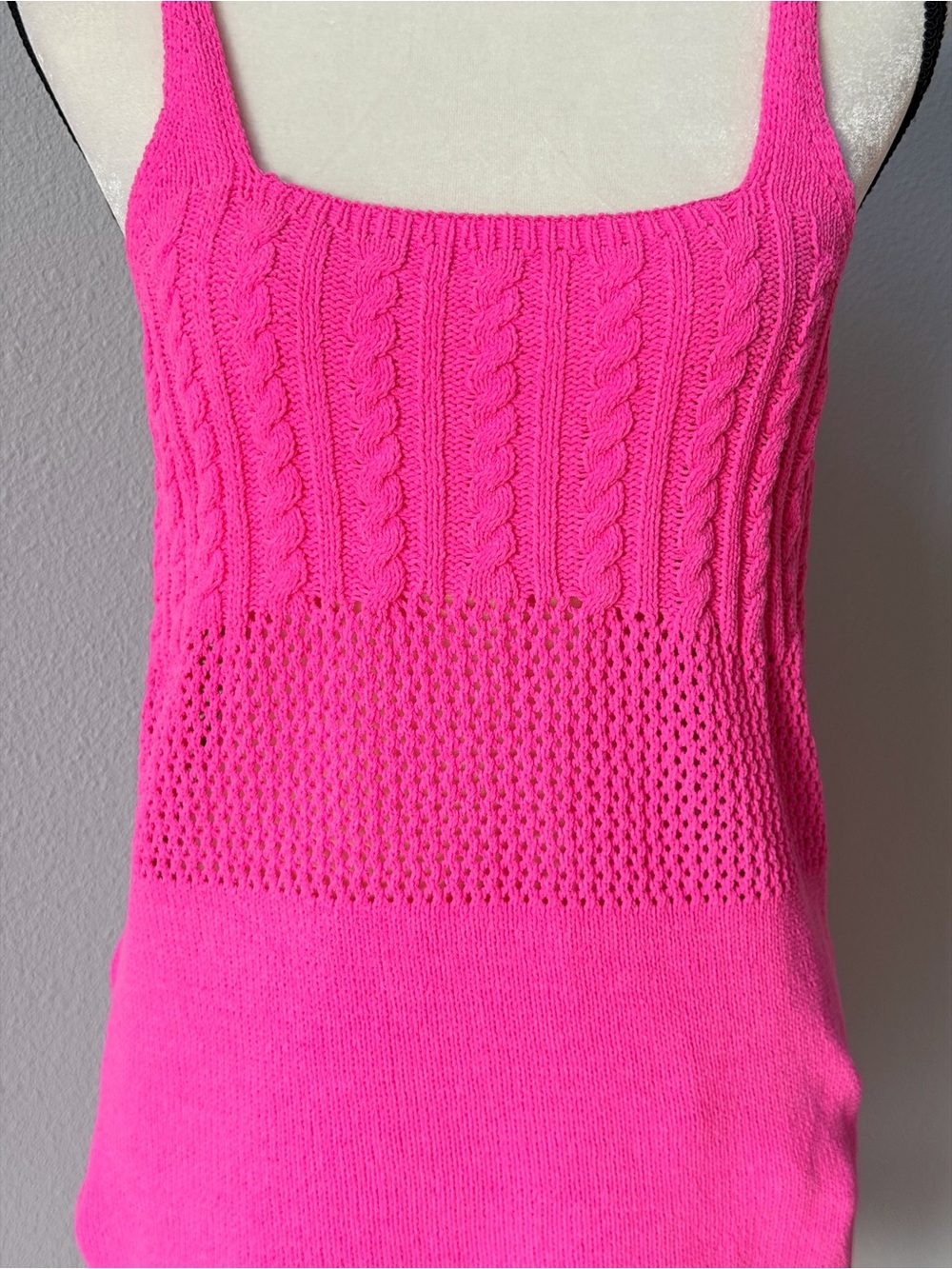 ZARA Hot Pink Crochet Cable Knit Mini Dress Size Large Square Neck Barbiecore - Picture 3 of 11